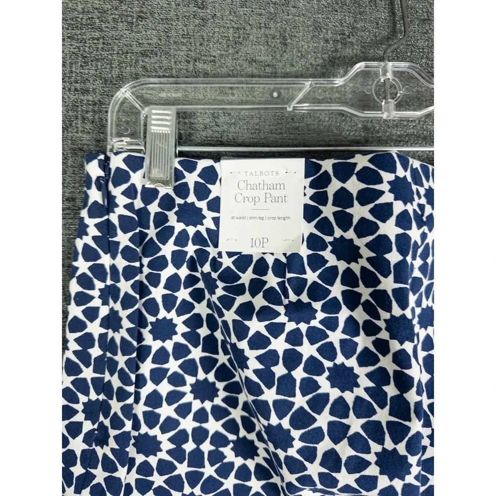 NWT Talbots Chatham Crop Pant Womens 10P Navy Blue White Geometric Print Slim Le